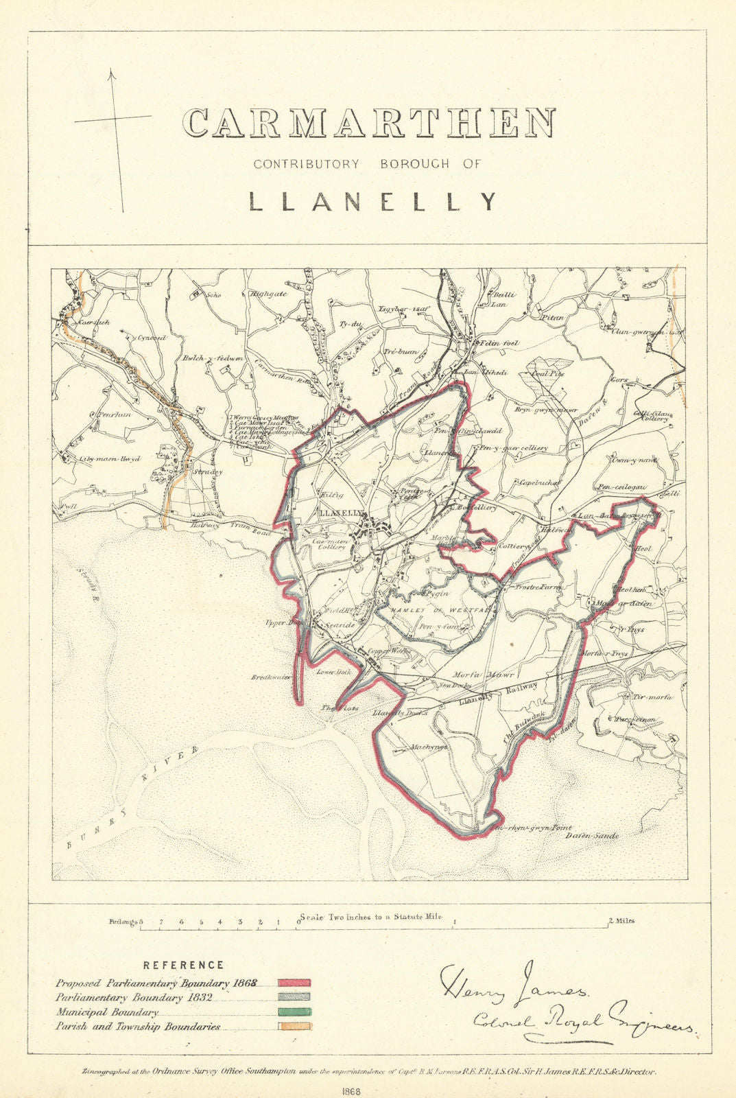 Carmarthen Contributory Borough of Llanelli. JAMES. Boundary Commission 1868 map